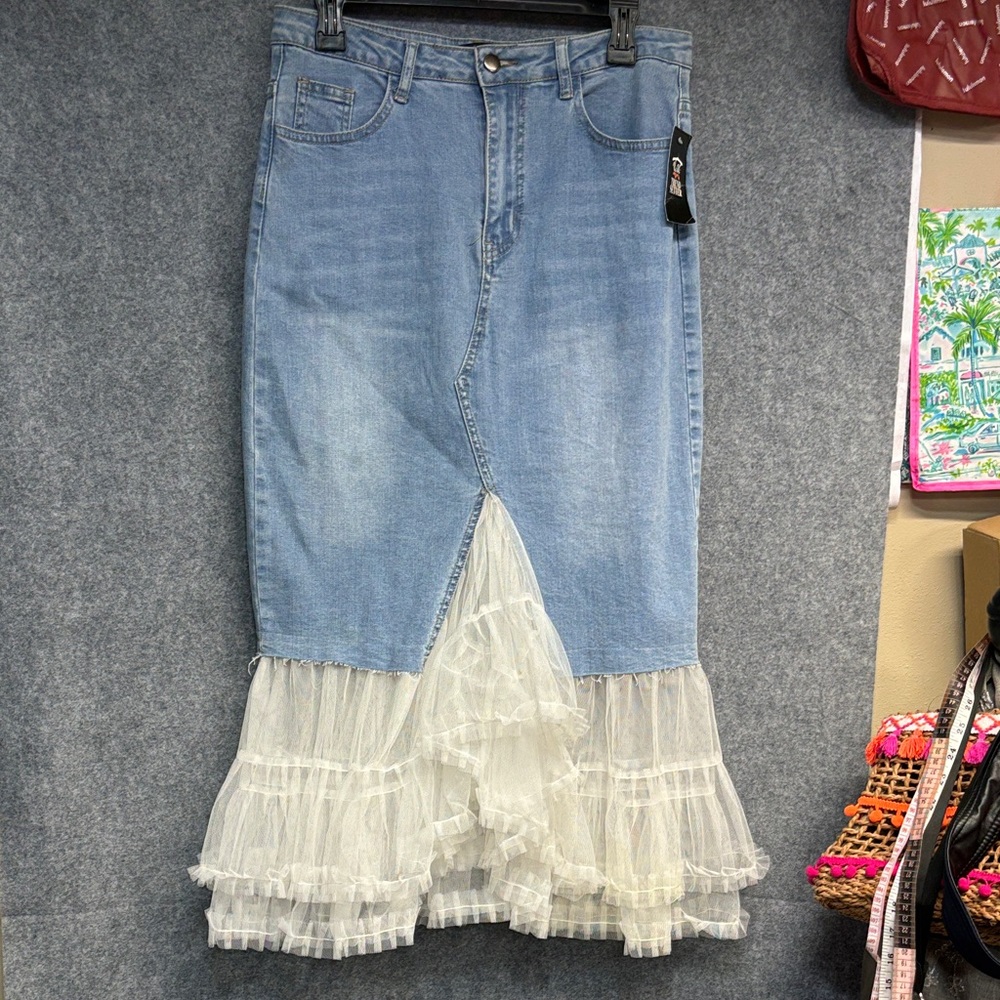 Good Time USA Denim and Lace raw hem pocket cotton viscose Skirt L - Picture 2 of 11